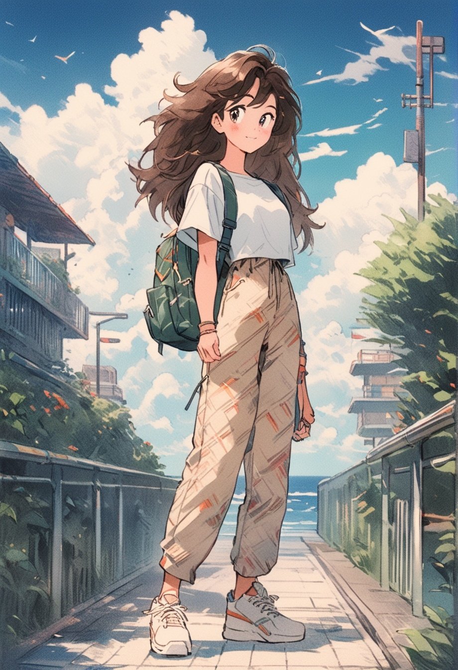 1girl, brown hair, solo, shirt, outdoors, backpack, shoes, white shirt, bag, cloud, sky, sneakers, pants, long hair, short sleeves, day, grass, brown pants, blue sky, full body, standing, railing, ocean, brown eyes, blush, bangs<lora:takawaters:1>