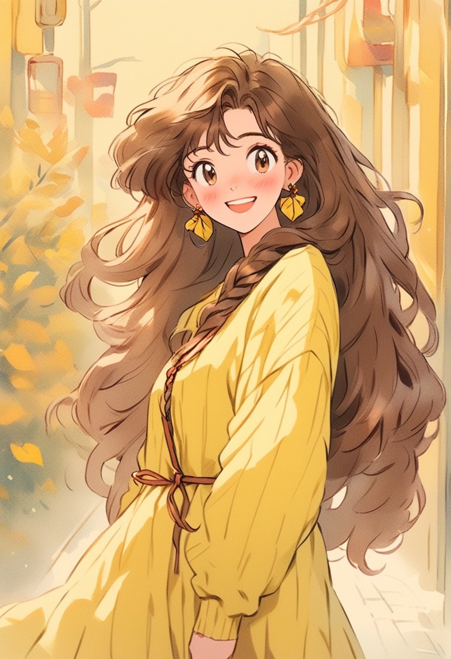 1girl, brown hair, yellow background, solo, dress, brown eyes, smile, earrings, braid, long sleeves, jewelry, simple background, cardigan, open mouth, looking at viewer, ribbon, hair ribbon, cable knit, leaf, yellow dress, sweater, blush, hair rings, yellow theme, aran sweater, print dress<lora:takawaters:1>