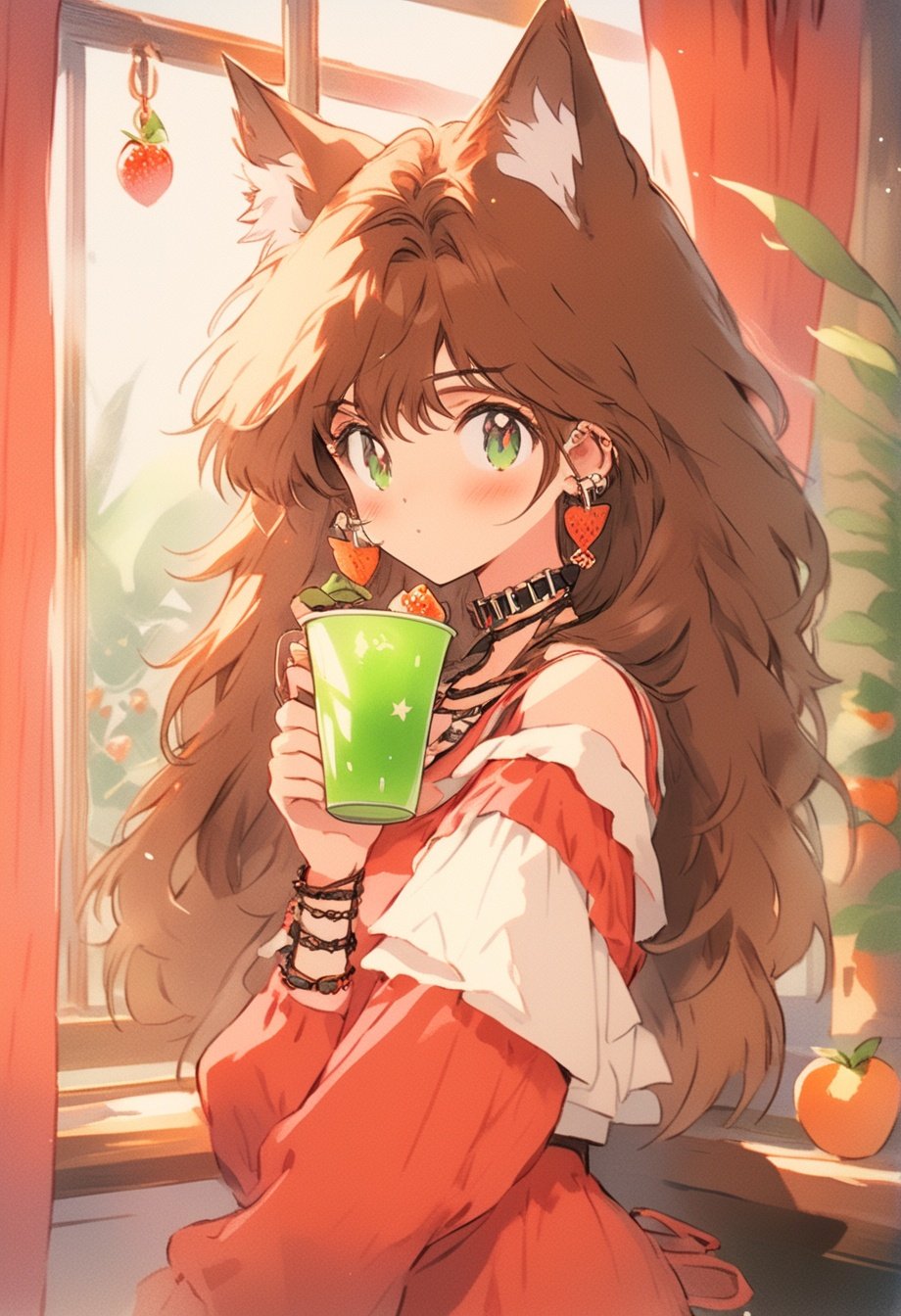 1girl, solo, animal ears, cup, braid, miqo'te, holding, green eyes, cat ears, holding cup, twin braids, food, facial mark, long hair, window, fruit, collar, brown hair, bangs, earrings, upper body, collarbone, curtains, jewelry, hair over shoulder, avatar (ff14), english text, shirt, closed mouth, choker, looking away, long sleeves, teacup, frills, looking to the side<lora:takawaters:1>