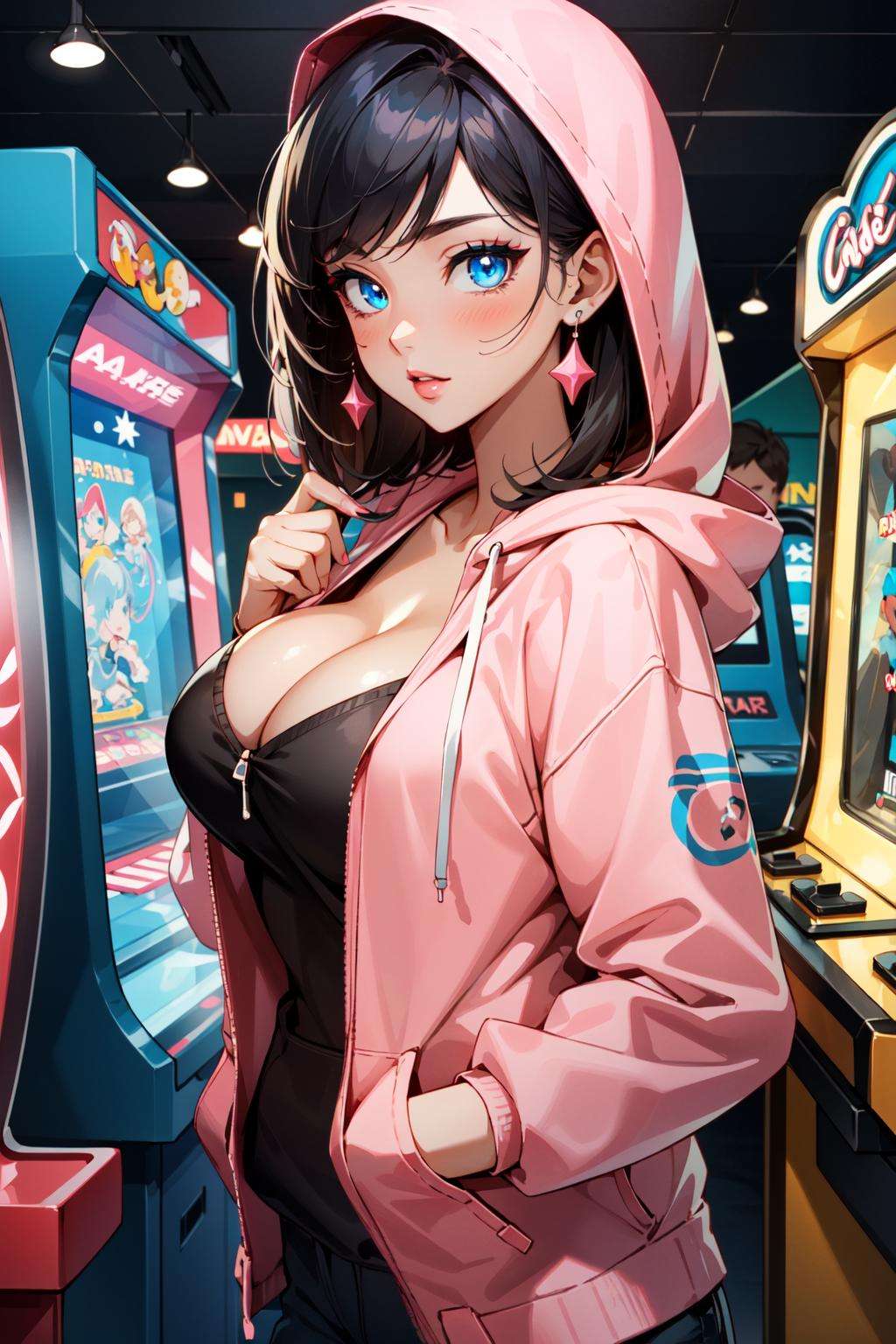 (masterpiece, best quality:1.4), ultra-detailed, beautiful lighting, perfect lighting, glow, lights, (depth of field), a woman, perfect face, detailed face, pink lips, glossy lips, makeup, expressive eyes, blue eyes, black hair, (natural breasts, cleavage), clothes lift, lifted by self, hood, hoodie, (pink hoodie), sneakers, standing, (at arcade), (arcade machines),