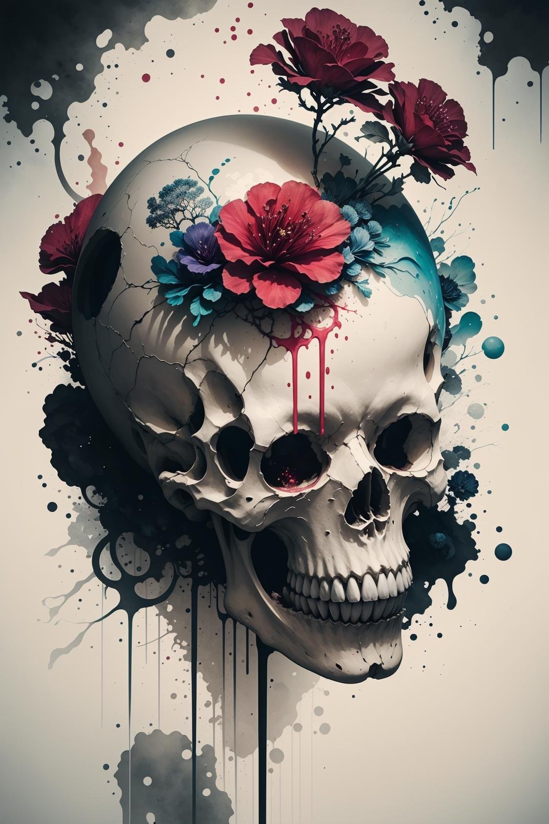 (masterpiece, top quality, best quality, official art, beautiful and aesthetic:1.2), extreme detailed,(abstract, fractal art:1.3), colorful,highest detailed, death skull, Hibiscus ,fire, water, ice, lightning, (splash_art), <lora:ink-0.1-3-b28-bf16-D128-A1-1-ep64-768-DAdaptation-cosine:0.8> ,  scenery, ink, 