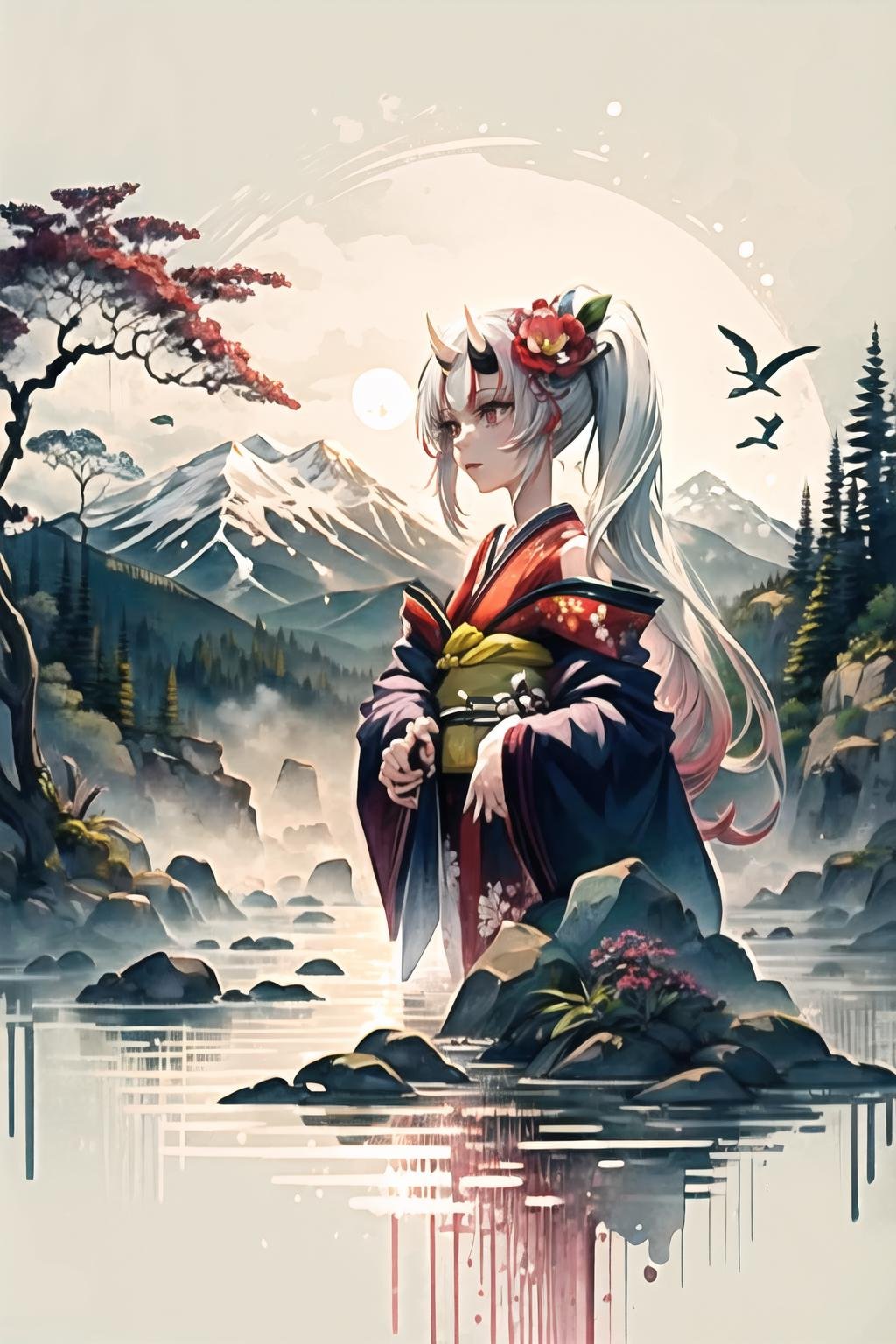 Highly detailed, High Quality, Masterpiece, beautiful, 1girl, solo, Nakiri Ayame, long hair, side ponytail, AyameNewYears, red kimono, floral print, hair flower, sash, wide sleeves, <lora:Char_VTuber_NakiriAyame:0.85>, white background, scenery, ink, mountains, water, trees, <lora:Style_InkScenery:1>