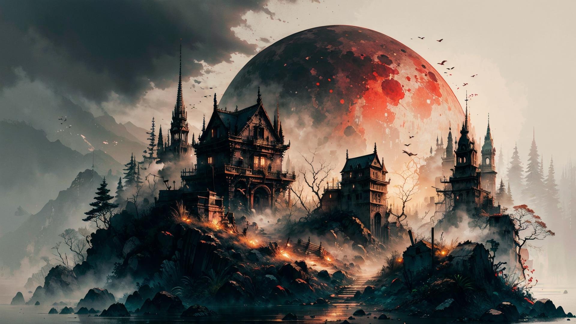 (red theme:1.1),(dark theme:1.1),(night, fog, dystopia, lake, burning hell, despair:1.1),(red moon:1 2),(Ultra-detail:1.3),(highres:1.1),best quality,(masterpiece:1.3),(cinematic lighting:1.2),BREAK,(wide shot:1.1),(HDR:1.1),(RTX:1.1),BREAK,(robe:1.1),(legwear:1.1),boot,(from away:1.2),(far:1.2),BREAK,<lora:Bloodborne:0.4>,Bloodborne,BREAK,<lora:ink-0.1-3-b28-bf16-D128-A1-1-ep64-768-DAdaptation-cosine:0.7>,(ink:1.1),