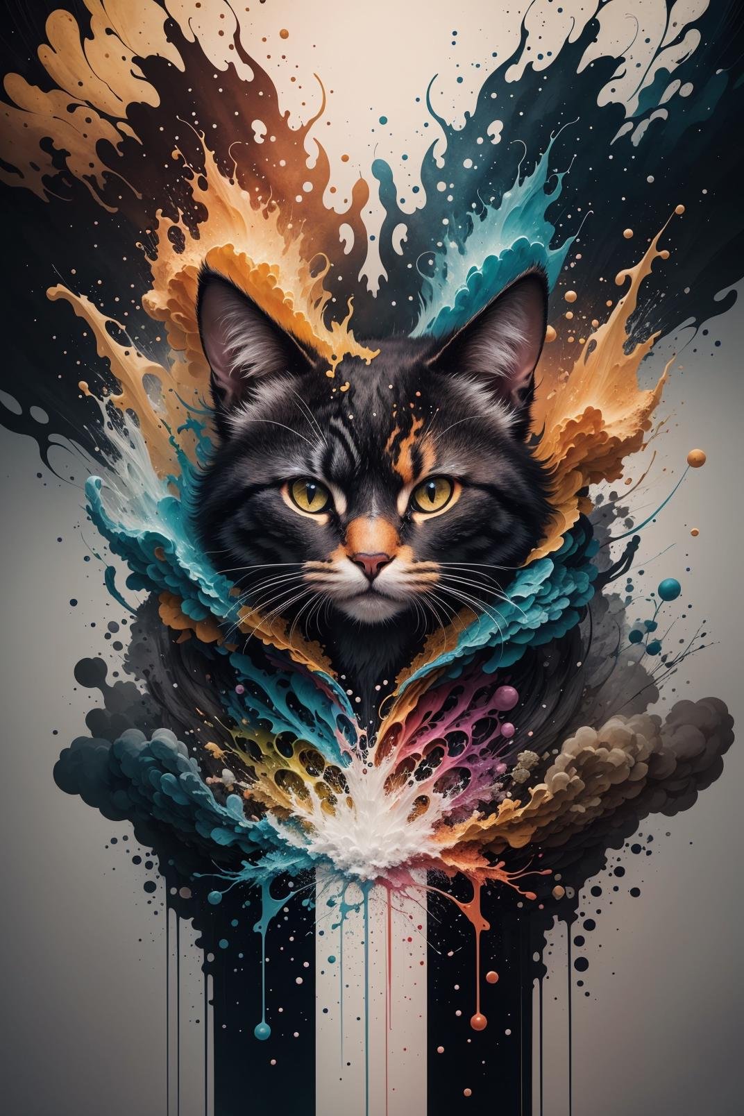 (masterpiece, top quality, best quality, official art, beautiful and aesthetic:1.2), extreme detailed,(abstract, fractal art:1.3), colorful,highest detailed, cat:1.3 ,fire, water,  (splash_art), <lora:ink-0.1-3-b28-bf16-D128-A1-1-ep64-768-DAdaptation-cosine:0.6> ,  scenery, ink, 