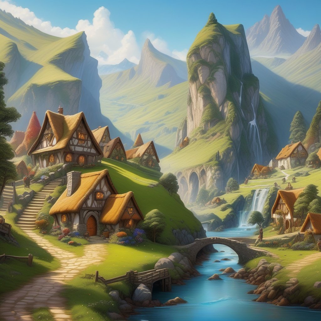 ((idyllic landscape)), hobbit village nestled below towering cliffs, gnome inventors demonstrating gadgets, elegant elf diplomats on white horses welcomed by dwarf honor guard, diverse fantasy races coexisting in harmony, lush vibrant scenery, rich details