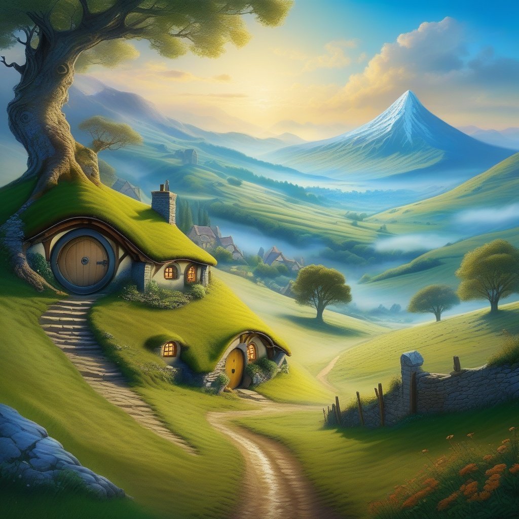 ((mystical atmosphere)),little hobbit village nestled among rolling green hills and ancient trees,round doors and windows aglow with warm light,distant lonely mountain wreathed in mist looming on horizon,meandering dirt paths between quaint homes,birds flying overhead in vivid blue sky ((hobbit concept art style)),ultra detailed,