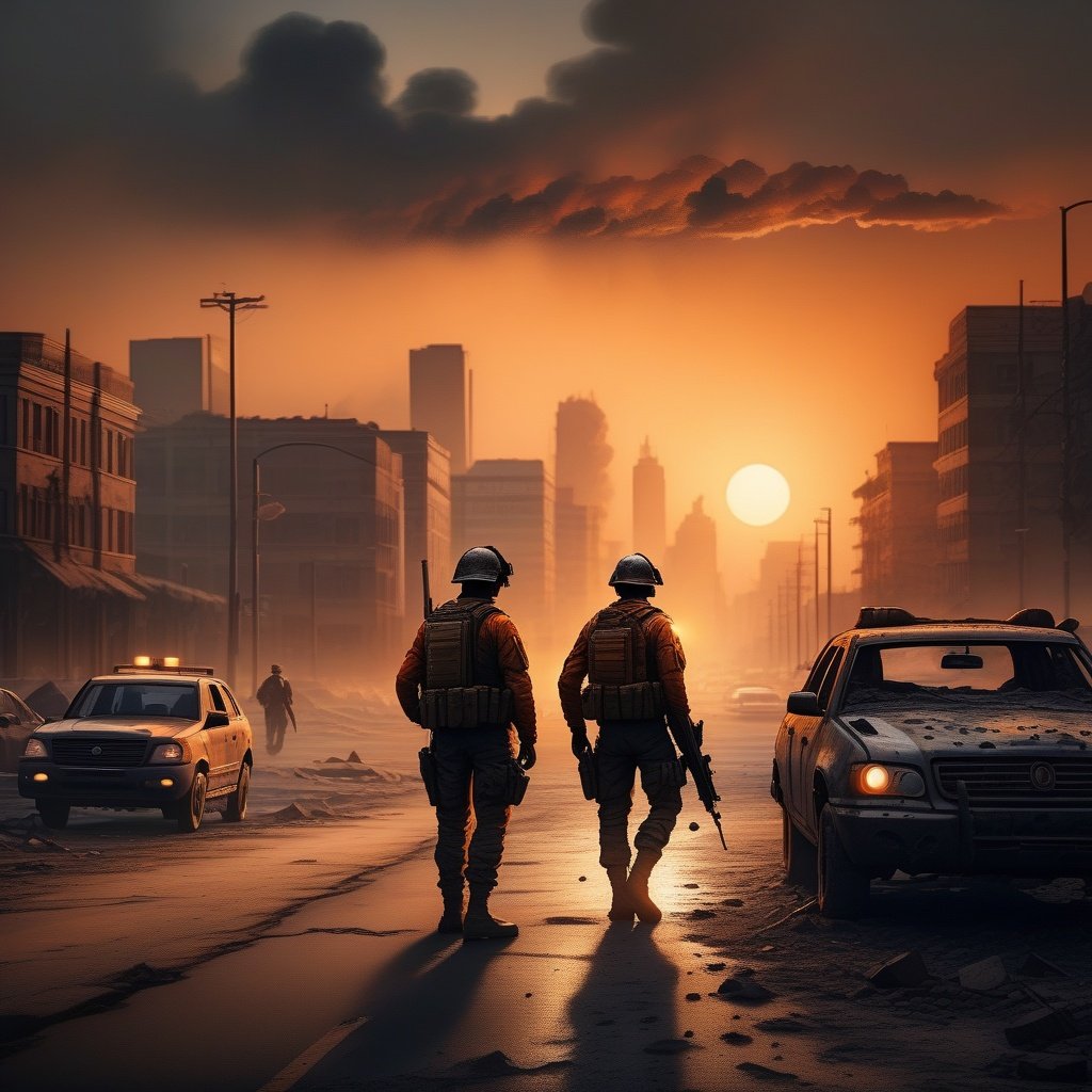 ((photo realistic)), bombed out city, flattened buildings, cracked roads, burnt vehicles, ash and soot, lone soldier silhouette, hazy orange sunset, somber ambience, dramatic lighting (depth of field)