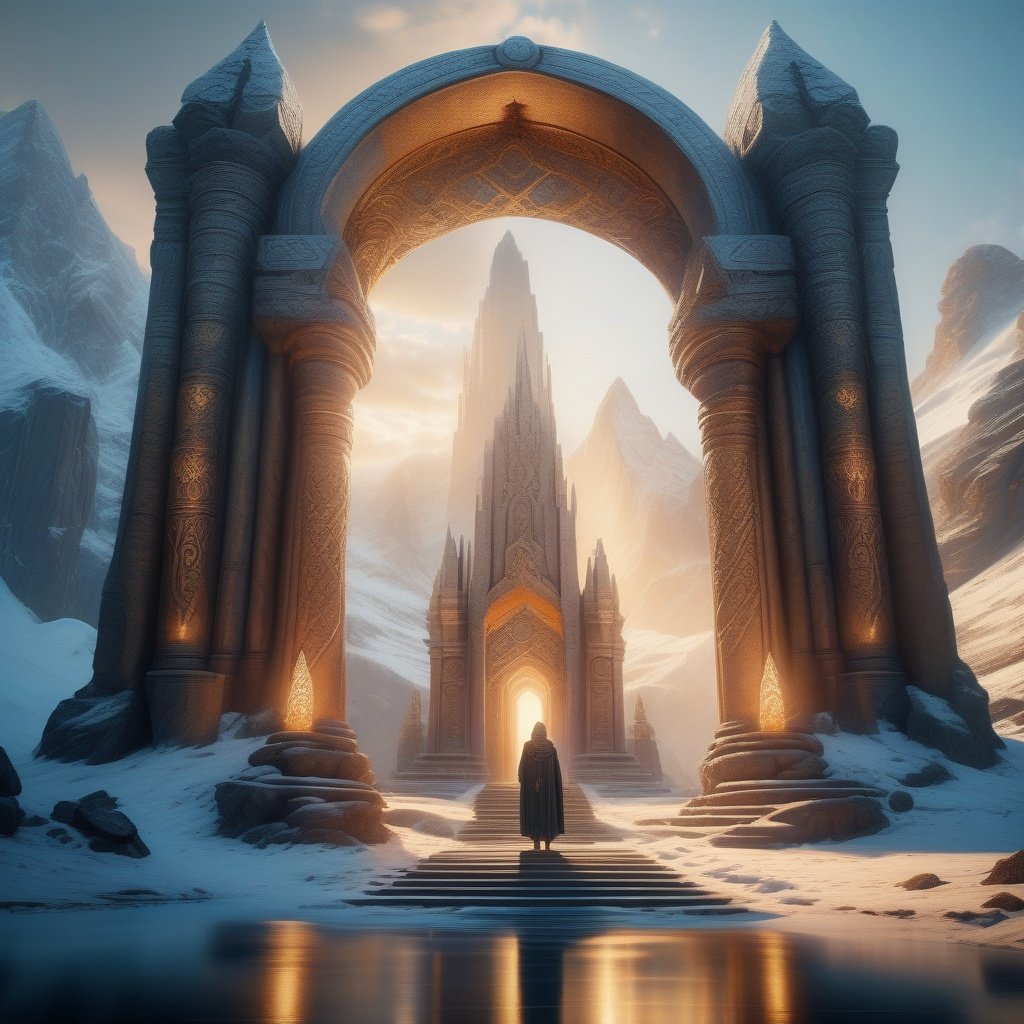 ((epic scene)), mystical ancient stone temple surrounded by soaring snowy mountains, intricately carved pillars and archways glowing with ethereal light, lone robed figure standing before massive entrance, gazing up in awe holding glowing staff ((Lord of the Rings style)), (extremely detailed), (cinematic lighting), (8K resolution)