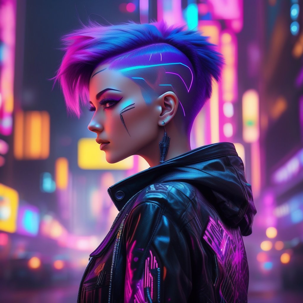 ((cyberpunk girl)), fierce looking girl with neon purple undercut hairstyle, cybernetic implants on temple, vivid pink eyeliner sharp wingtips, black leather jacket with bright patterns, futuristic city lights backdrop, hyper detailed