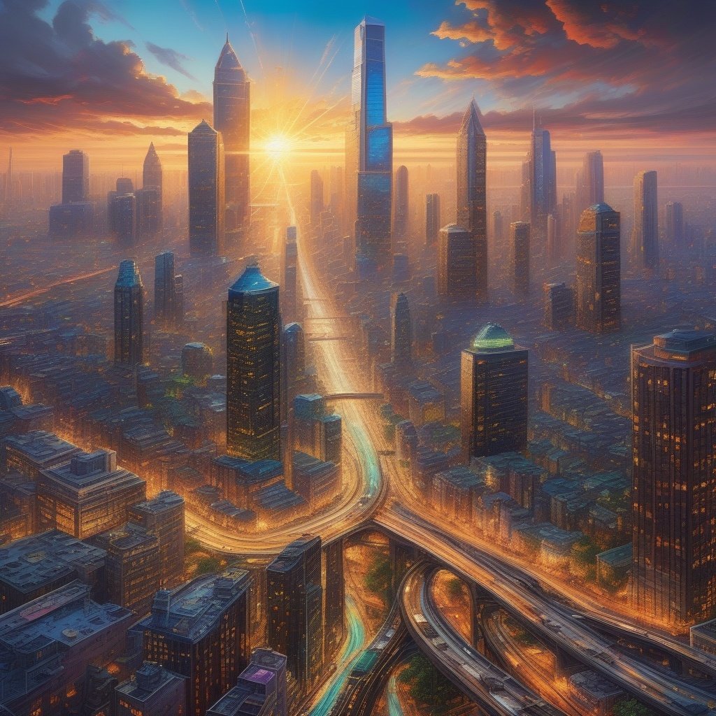 ((detailed cityscape panorama)), dense urban metropolis, thousands of shining windows in towering skyscrapers, winding train tracks and congested highways, hazy sunbeams over horizon, vibrant neon signs reflect in puddles, expansive scene showing immense scale and complexity