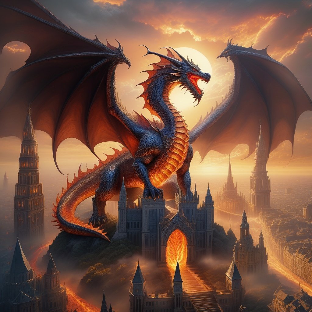 ((mythical creature)), colossal dragon with intricate scales coiling around towering spire, spreading wings blotting out the sun, eyes glowing like molten lava, magical energy crackling around razor fangs, looming over fantasy cityscape, insane level of detail