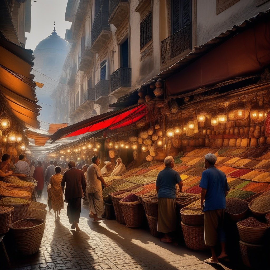 ((impeccable composition)), chaotic crowded market alleyway, merchants shouting and haggling, baskets of spices and tapestries, light spilling between awnings, intricate carvings and architecture (dramatic chiaroscuro lighting)