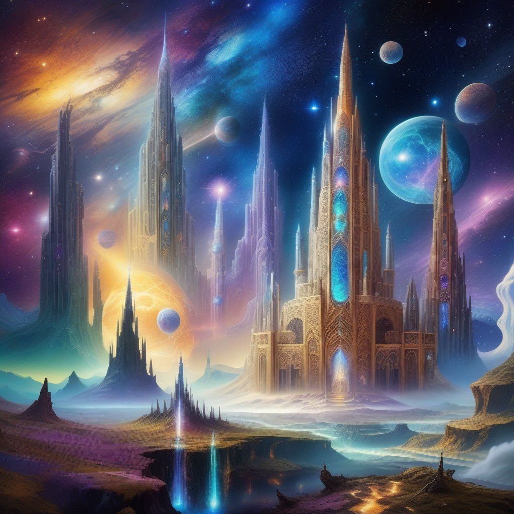 ((celestial palace)), ornate towers floating among nebulas and galaxies, celestial beings mingling with mystical creatures, brilliant auroras shining overhead, majestic throne room with cosmic landscape mural, advanced alien technology