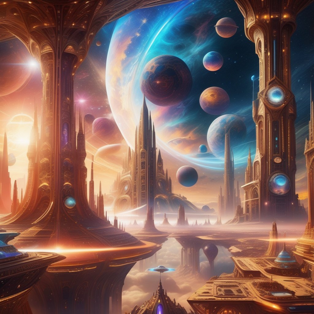 ((cosmic world)), glowing intricate mandala patterned portals floating in starry sky, spaceships piloted by cyborg knights traversing nebula clouds, bright streaks of hyperspace windows piercing atmosphere, futuristic cityscapes on planets below, visual overload of advanced tech and magic