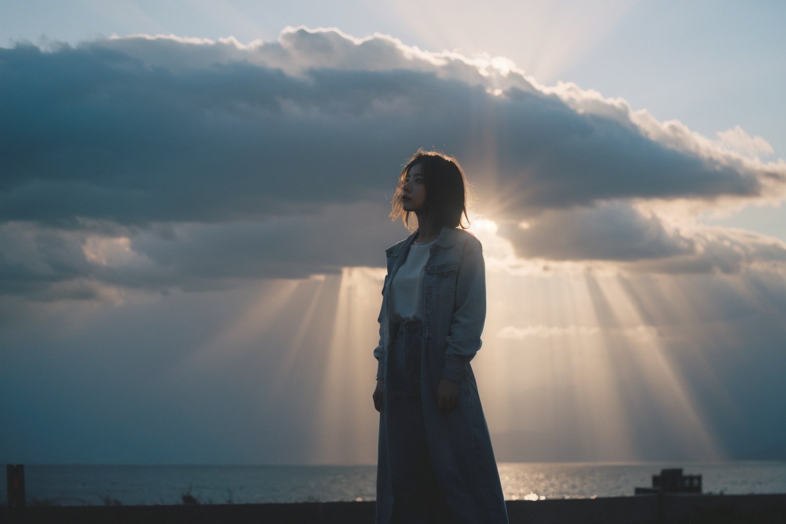 Best Quality,Masterpiece,Ultra High Resolution,(Realisticity:1.4),Original Photo,Cinematic Lighting,1Girl,full body,light,light through the clouds, <lora:Tyndall effect-Light:0.6>