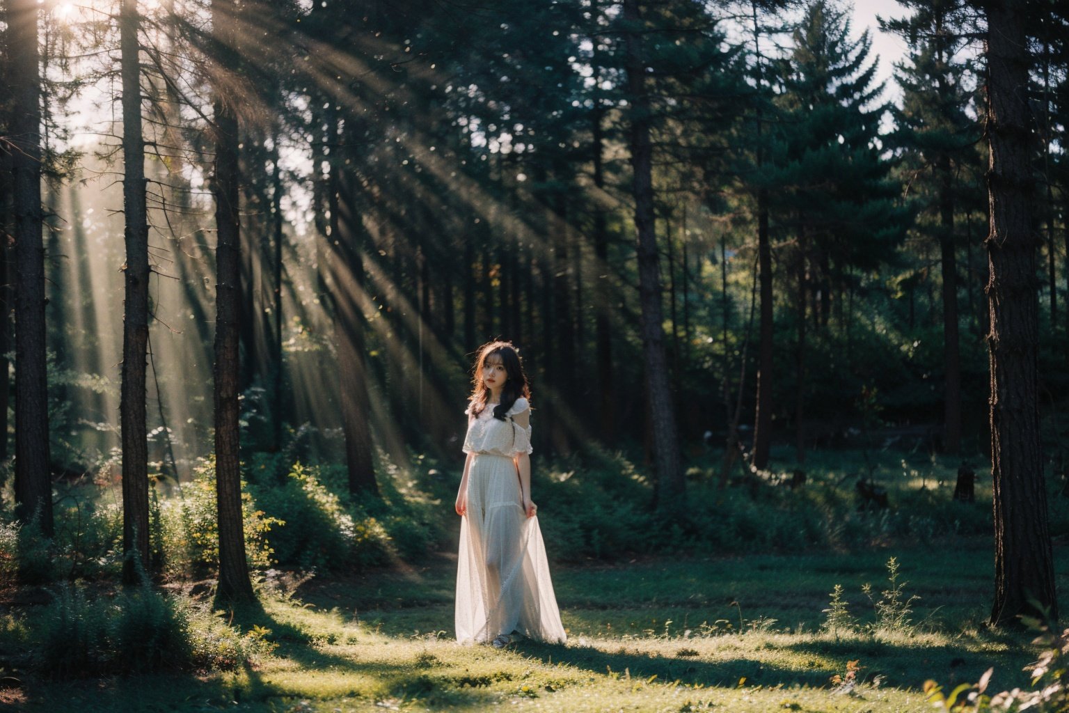 Best Quality,Masterpiece,Ultra High Resolution,(Realisticity:1.4),Original Photo,Cinematic Lighting,1Girl,light,full body,tindal effect,<lora:Tyndall effect-Light:0.6>,light through the forest,