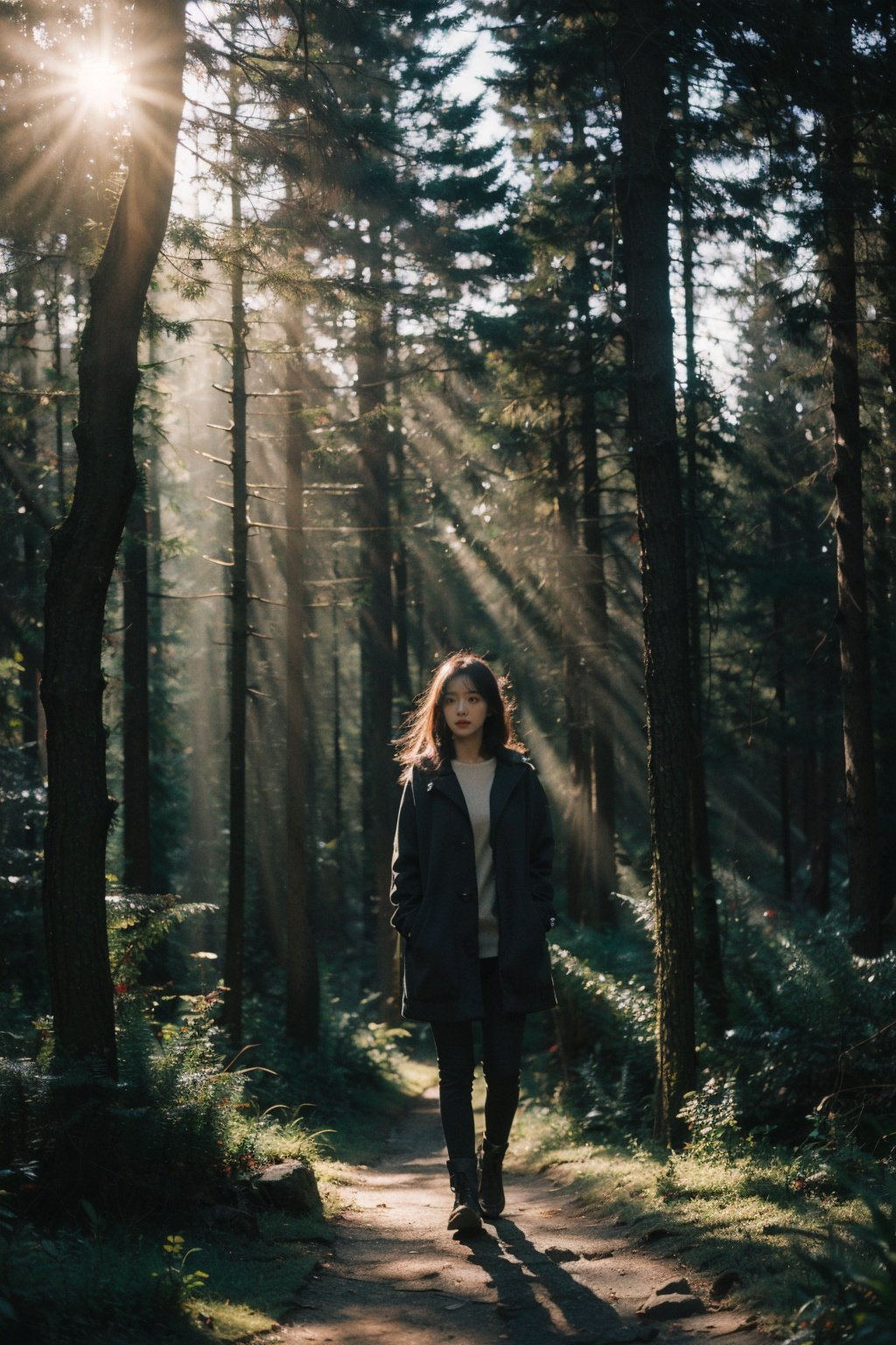 Best Quality,Masterpiece,Ultra High Resolution,(Realisticity:1.4),Original Photo,Cinematic Lighting,1Girl,light,full body,tindal effect,<lora:Tyndall effect-Light:0.6>,light through the forest,