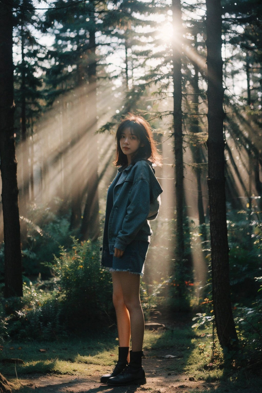 Best Quality,Masterpiece,Ultra High Resolution,(Realisticity:1.4),Original Photo,Cinematic Lighting,1Girl,<lora:Tyndall effect-Light:0.6>,full body,light through the trees,