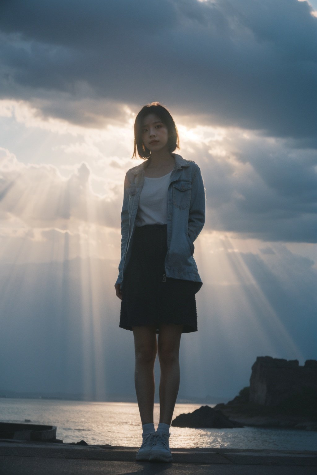 Best Quality,Masterpiece,Ultra High Resolution,(Realisticity:1.4),Original Photo,Cinematic Lighting,1Girl,full body,light,light through the clouds, <lora:Tyndall effect-Light:0.6>