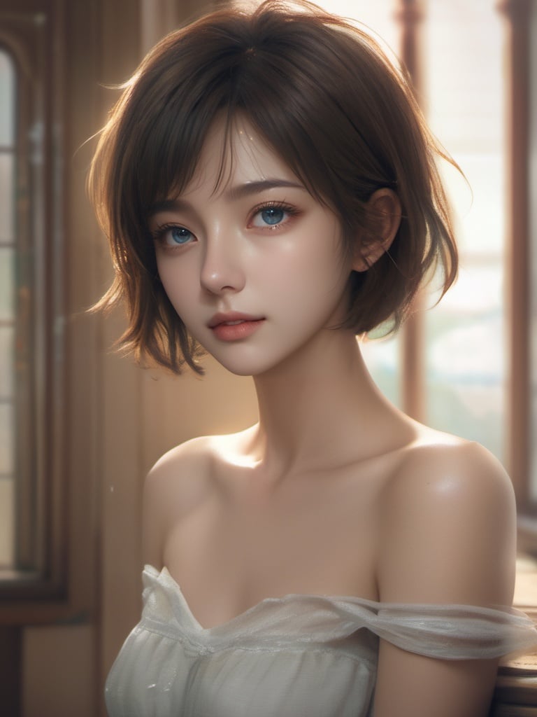 1girl,solo,looking at viewer,short hair,bare shoulders,simple background,collarbone,eyelashes,upper body,off shoulder,{{masterpiece}},{{{best quality}}},{{ultra-detailed}},clear facial features,beautiful scene,Dreamy Atmosphere,high resolution,beautiful lighting,<lora:qingxl:0.8>,upper body,