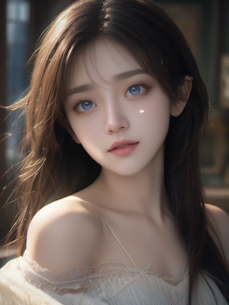 1girl,solo,looking at viewer,bare shoulders,lips,collarbone,eyelashes,off shoulder,{{masterpiece}},{{{best quality}}},{{ultra-detailed}},clear facial features,beautiful scene,Dreamy Atmosphere,UE5,Quixel Megascans Render,8KHD,high detail,hyper quality,high resolution,beautiful lighting,<lora:qingxl:0.8>,upper body,