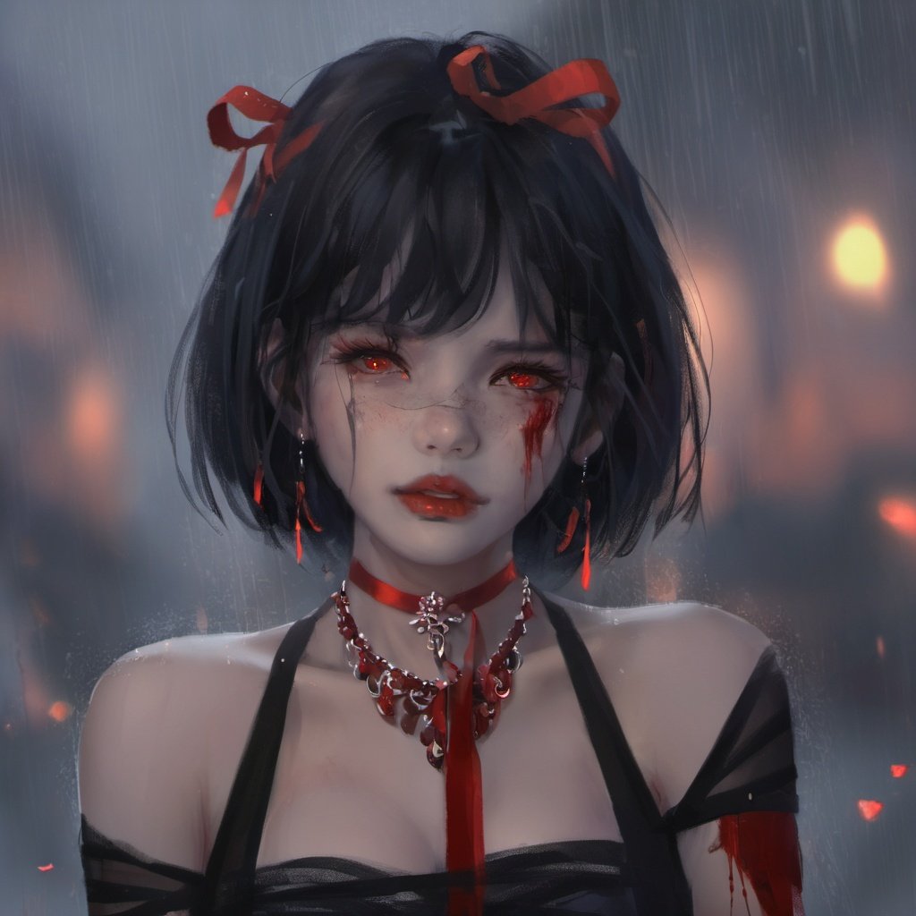 guidao style, 1girl, solo, short hair, rain, looking at viewer, purple ribbon, ribbon choker, black hair, blood, headpiece, ribbon, red eyes, blood on face, portrait, closed mouth, upper body<lora:guidao_XLV1:1>