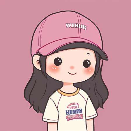 chibi avatar, 1girl, solo, long hair, looking at viewer, blush, smile, simple background, shirt, black hair, hat, white background, holding, upper body, short sleeves, food, chibi, black eyes, t-shirt, candy, clothes writing, baseball cap, pink headwear, raglan sleeves <lora:chibi_avatar_v1:0.7>