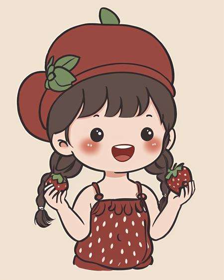 chibi avatar, 1girl, solo, long hair, smile, open mouth, bangs, simple background, brown hair, hat, white background, holding, twintails, upper body, braid, food, teeth, chibi,  black eyes, twin braids, fruit, upper teeth only,  red headwear, cropped torso, strawberry, holding fruit <lora:chibi_avatar_v1:0.7>