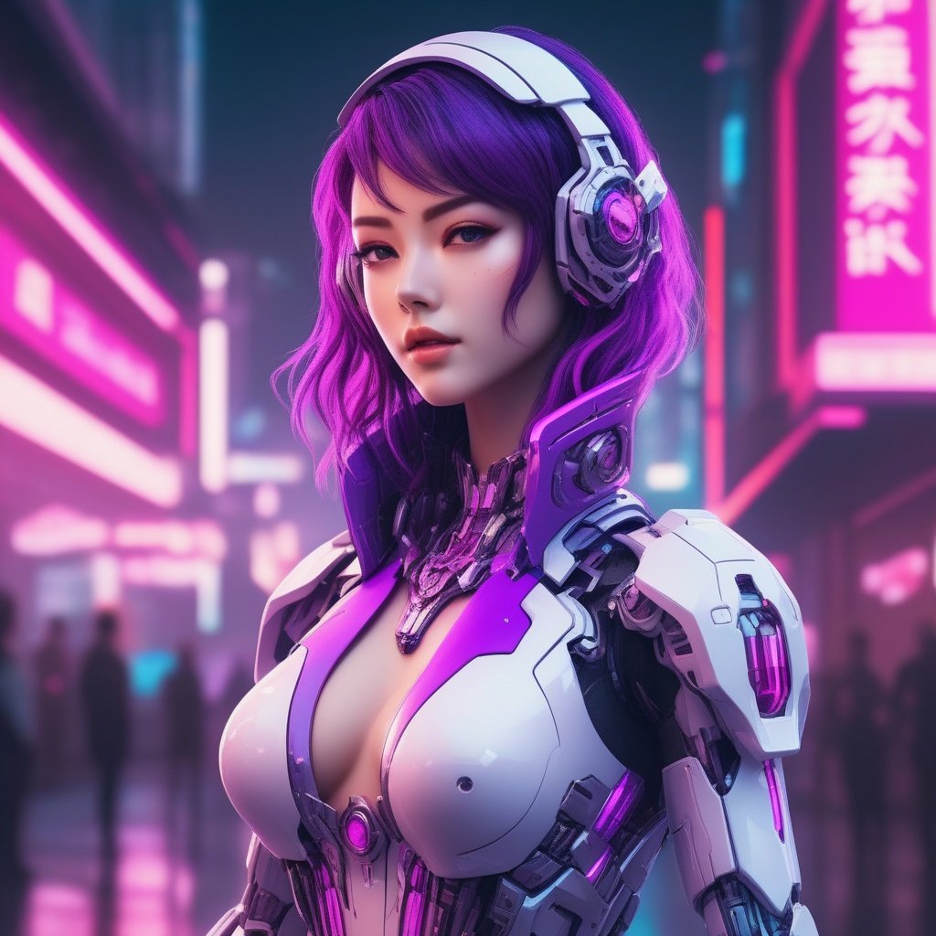 neonpunk style  <lora:Neon Punk机甲:0.75> ，ddia6-mecha, solo, looking at viewer, standing, medium breasts, science fiction . cyberpunk, vaporwave, neon, vibes, vibrant, stunningly beautiful, crisp, detailed, sleek, ultramodern, magenta highlights, dark purple shadows, high contrast, cinematic, ultra detailed, intricate, professional