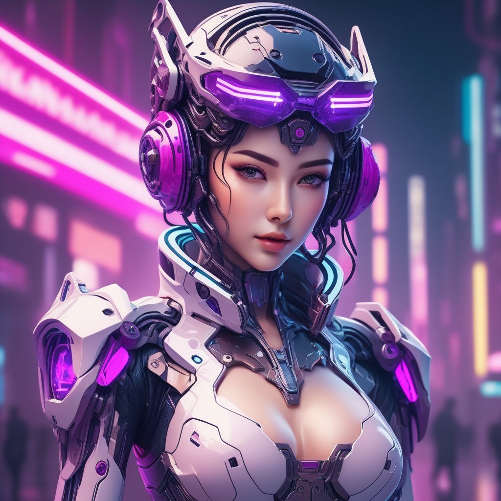 neonpunk style  <lora:Neon Punk机甲:0.75> ，ddia6-mecha, solo, looking at viewer, standing, medium breasts, science fiction . cyberpunk, vaporwave, neon, vibes, vibrant, stunningly beautiful, crisp, detailed, sleek, ultramodern, magenta highlights, dark purple shadows, high contrast, cinematic, ultra detailed, intricate, professional