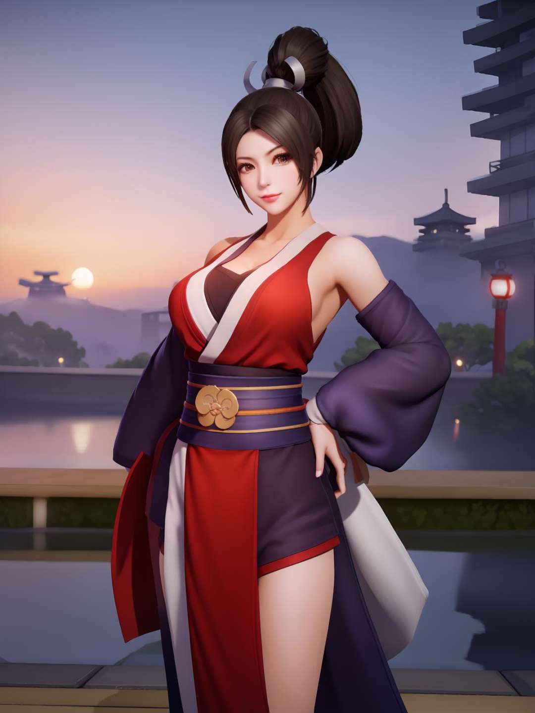 WZRYbuzhihuowuYP,1girl, mature female, looking at viewer, cityscape, night, high ponytail, shiranui mai, japanese clothes, ninja, sash, muscular,  <lora:WZRYbuzhihuowuYP_20230808141959-000014:0.8>,