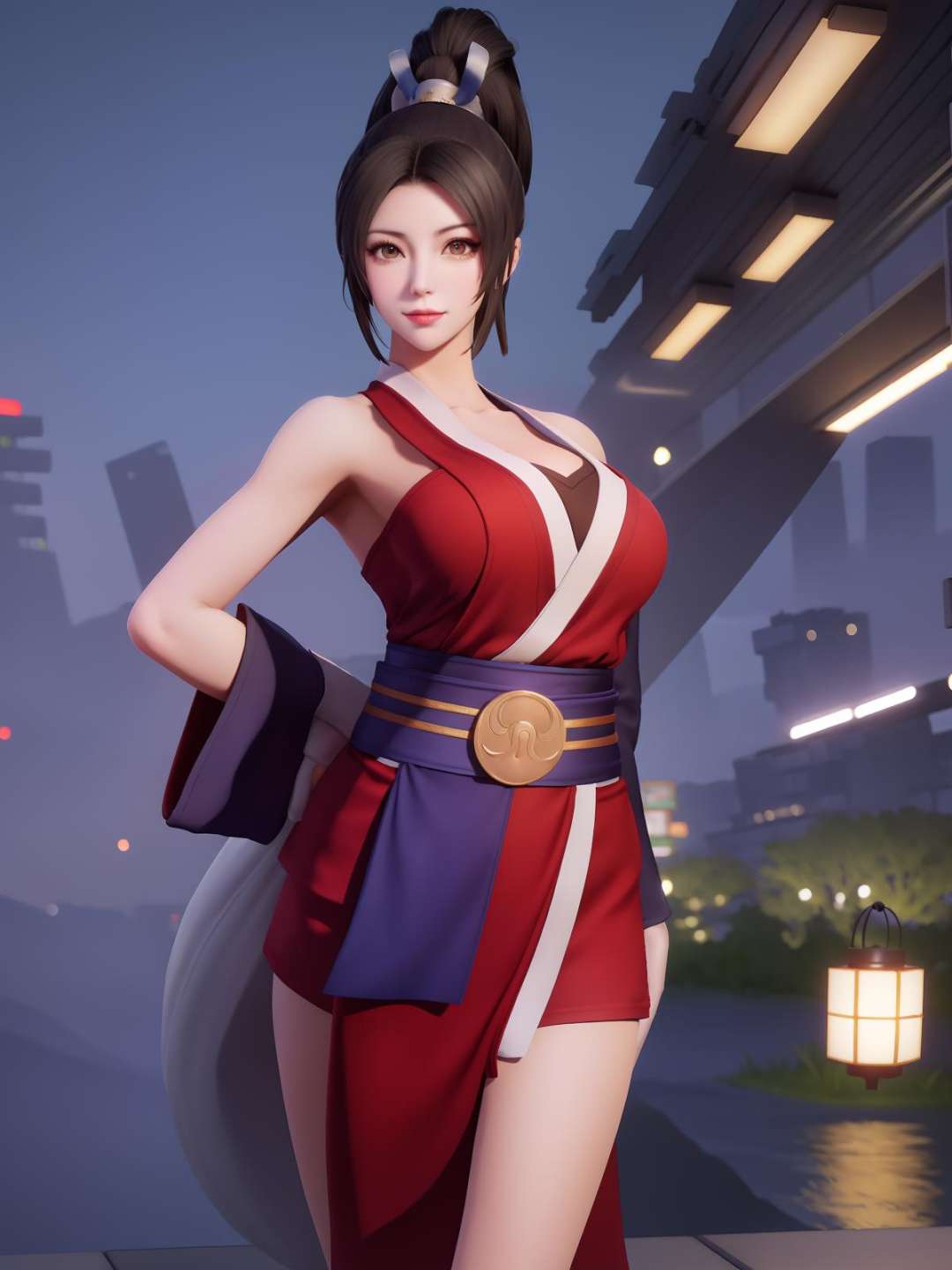 WZRYbuzhihuowuYP,1girl, mature female, looking at viewer, cityscape, night, high ponytail, shiranui mai, japanese clothes, ninja, sash, muscular,  <lora:WZRYbuzhihuowuYP_20230808141959-000014:0.75>