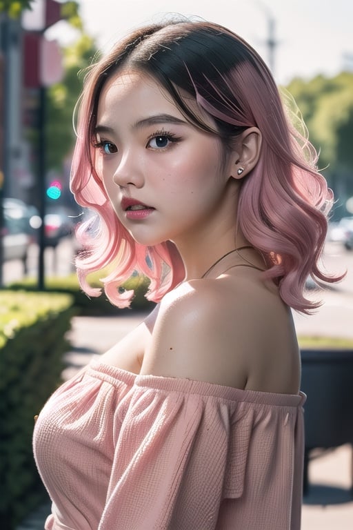 Ajmrxyz, woman, closeup, pink hair, ((18 yo)), ((rounder cheeks)), chubby cheeks, long curly hair, cute,  pink lips, wearing a red off shoulder blouse, Raw, 8K, 3 point lighting, extraordinary background, fantastic background, hires,Ajmryzbun