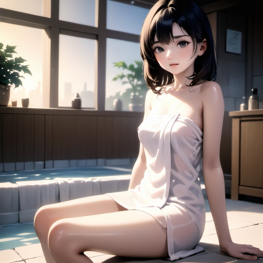 sfw, 1 girl, naked_towel, sitting, marco shot, masterpiece, best quality, highly detailed