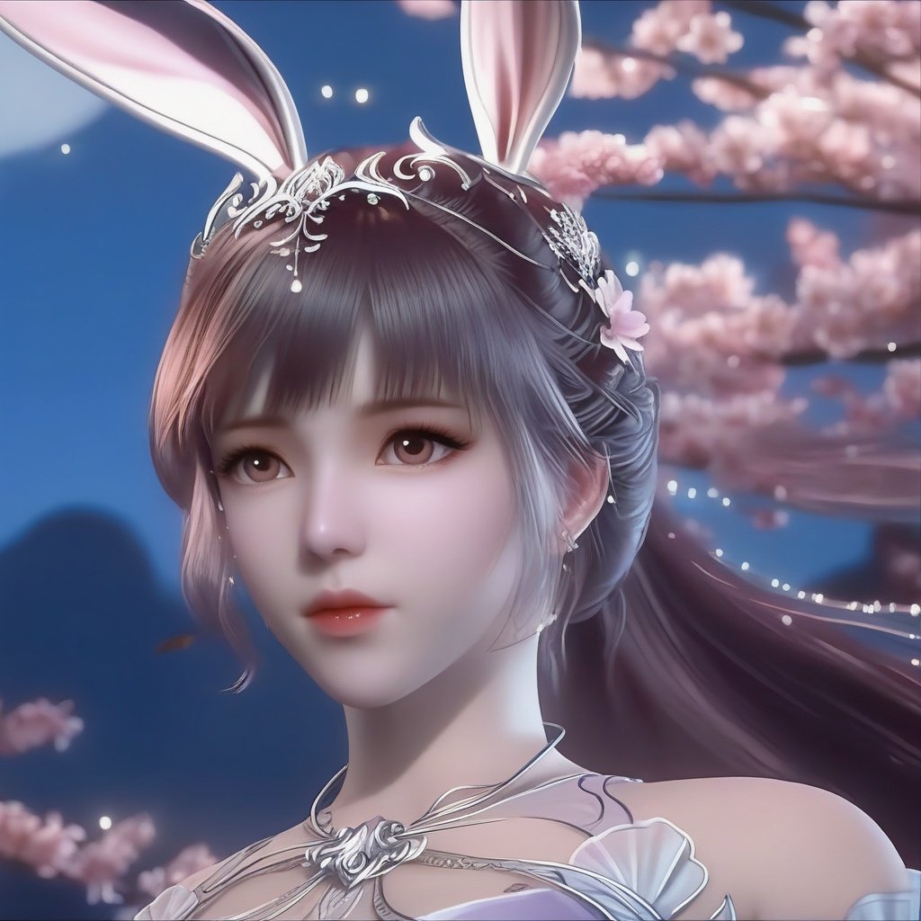 (8k, RAW photo,  masterpiece:1.2),solo,(super realistic, photo-realistic:1.3), ultra-detailed, extremely detailed cg 8k wallpaper,hatching (texture),skin gloss,light persona,(crystalstexture skin:1.2), (extremely delicate and beautiful),(cherry blossoms, cloud, looking at viewer, night, night sky, starry sky, star sky, sky, rose petals, petals, outdoors),masterpiece, best quality,official art, extremelydetailed cg 8k wallpaper,(flying petals)(detailed ice) , crystalstexture skin, coldexpression, ((rabbit ears,animail ears)),, longhair, messy hair, blue eye,looking at viewer,extremely delicate andbeautiful, water, ((beautydetailed eye)), highlydetailed, cinematiclighting, ((beautiful face),fine water surface, (originalfigure painting), ultra-detailed, incrediblydetailed, (an extremelydelicate and beautiful),beautiful detailed eyes,(best quality),1girl,long_hair, solo, very_long_hair,,looking_at_viewer,(arms behind back:1.2),pov,rabbit ears, animal ears,dress,pink dress,white dress,long dress,portrait,focus on head,(full shot),xwhd, (breasts,medium_breasts , cleavage:1.2), <lora:89xwxl-000016:0.86>