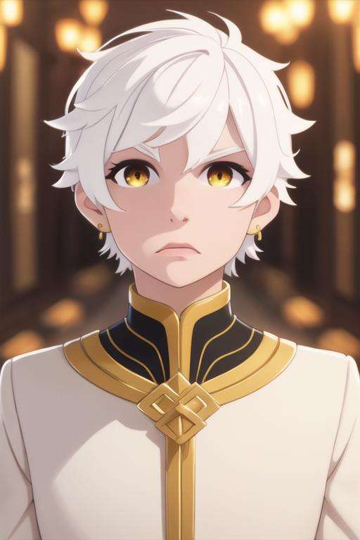 masterpiece, best quality, , 1boy, solo, male focus, looking at viewer, upper body, depth of field, <lora:regulus_corneas:0.68>, regulus_corneas, white hair, yellow eyes, jewelry,