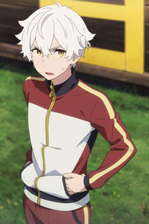 masterpiece, best quality, illustration, 1boy, solo, male focus, looking at viewer, , depth of field, <lora:regulus_corneas:0.66>, regulus_corneas, white hair, yellow eyes, , track suit