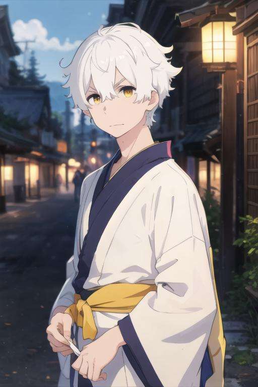 masterpiece, best quality, , 1boy, solo, male focus, looking at viewer, upper body, , <lora:regulus_corneas:0.70>, regulus_corneas, white hair, yellow eyes, , yukata