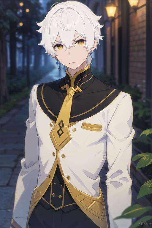 masterpiece, best quality, , 1boy, solo, male focus, looking at viewer, upper body, depth of field, <lora:regulus_corneas:0.68>, regulus_corneas, white hair, yellow eyes, jewelry, formal, necktie, dress shirt