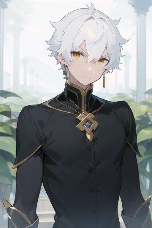 masterpiece, best quality, illustration, 1boy, solo, male focus, looking at viewer, , , <lora:regulus_corneas:0.72>, regulus_corneas, white hair, yellow eyes, jewelry,