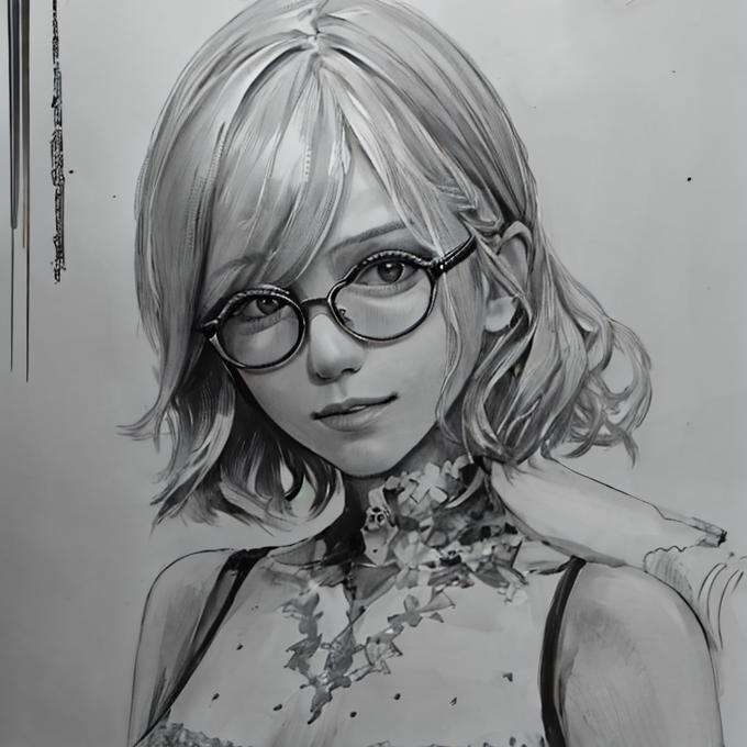 young，1girl，beautiful,head,(realistic:1.1),glasses,short hair,, {{illustration}},{{{masterpiece}}},{{best quality}}, hignity 8k wallpaper,simple background,{{intricate detail}},{highres}，realistic，Pencil drawing，(portrait:1.2)，(sketch:1.2)，painting，monochrome,rough sketch,(Line art:1.2),meticulous painting,white paper，character on paper，black and white，extra lines,clear lines,
