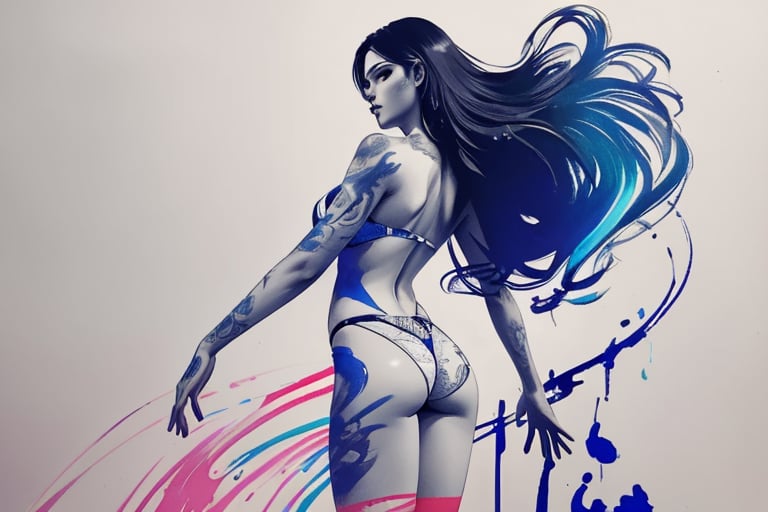 sexy girl, long hair, legs, complex background, backshot posing, distant shot, painting, rough sketch, (line art), meticulous painting, extra lines, clear lines, shadow, realistic, realism, detailed, half-color, (color ink drops)