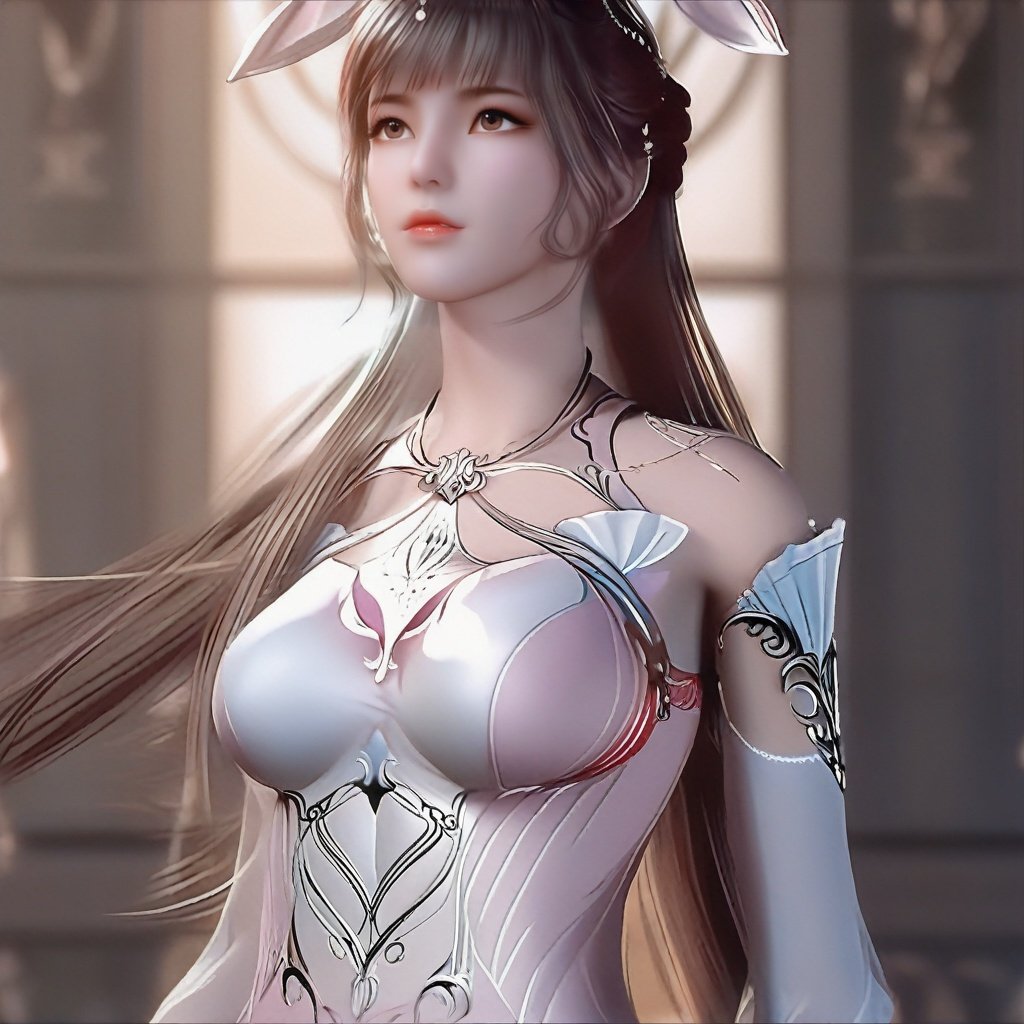 (8k, RAW photo,  masterpiece:1.2),solo,(super realistic, photo-realistic:1.3), ultra-detailed, extremely detailed cg 8k wallpaper,hatching (texture),skin gloss,light persona,(crystalstexture skin:1.2), (extremely delicate and beautiful),1girl,long_hair, solo, very_long_hair,,looking_at_viewer,(arms behind back:1.2),pov,from below,rabbit ears, animal ears,dress,pink dress,white dress,long dress,(full shot),xwhd, (breasts,large_breasts , cleavage:1.4), <lora:89xwxl-000016:0.86>