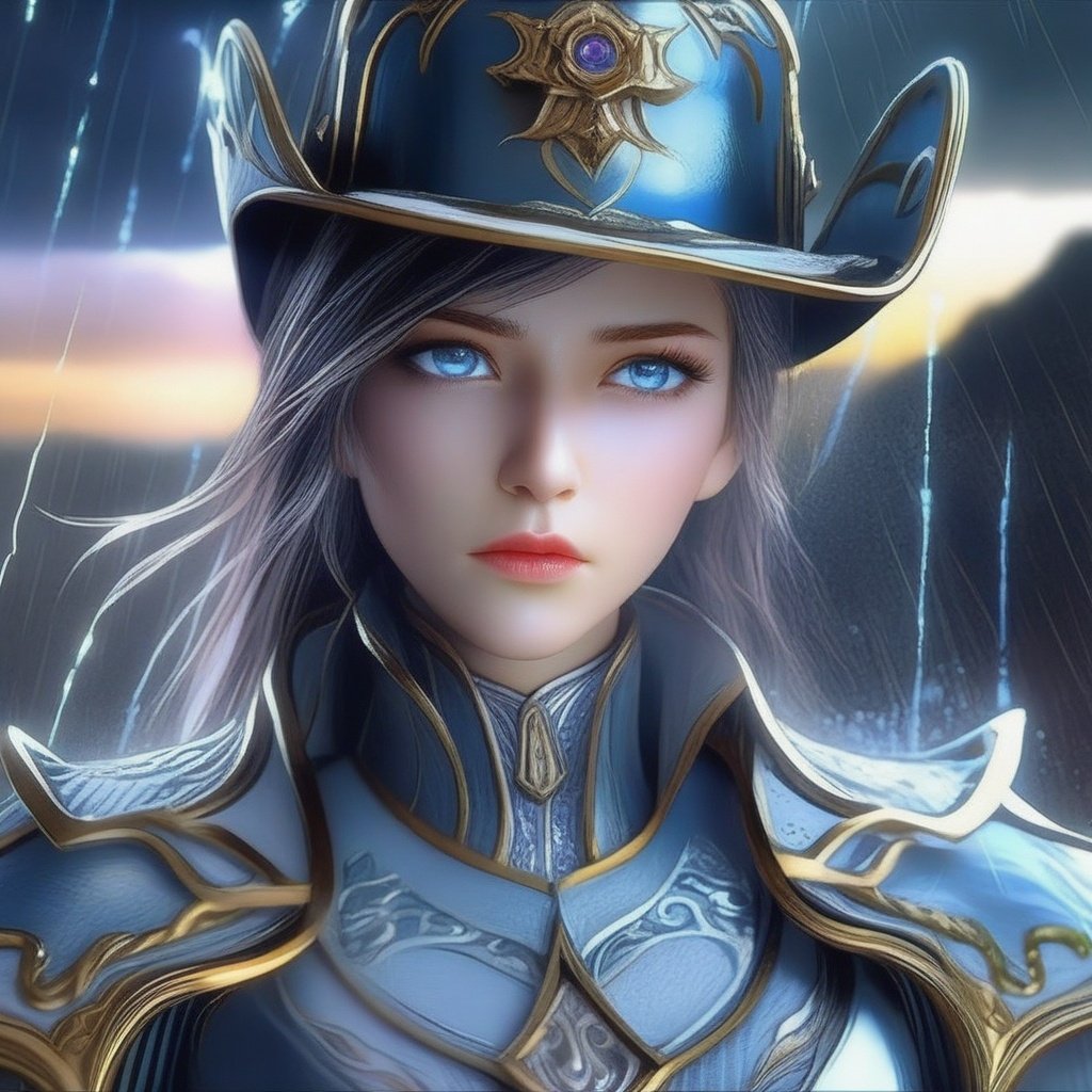 8k,intricate,elegant,highly detailed,majestic,digital photography,cowboy shot,surreal painting,broken glass,(masterpiece, sidelighting, finely detailed beautiful eyes:1.2),hdr,void3nergy lightning storm,woman,wearing regal battle armor,raining,beautiful,facing viewer t,masterpiece,upper body,