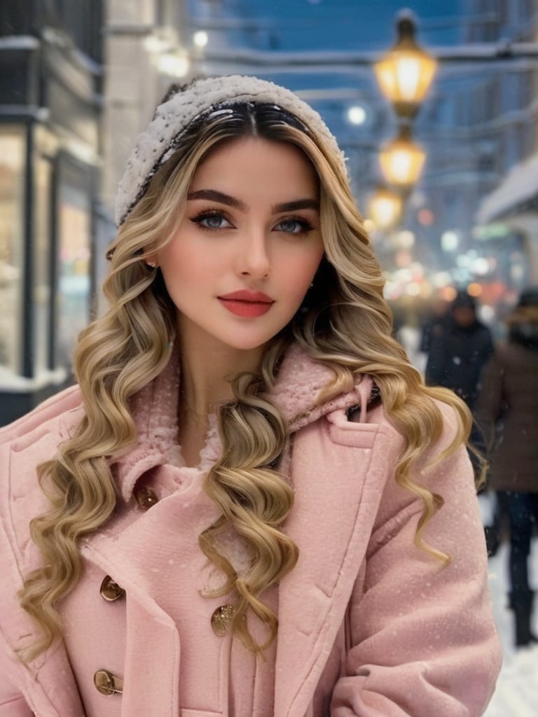 professional portrait photograph of a gorgeous  girl in winter clothing with long wavy blonde hair, ((sultry flirty look)), freckles, beautiful symmetrical face, cute natural makeup, wearing elegant winter fashion clothing, ((standing outside in snowy city street)), stunning modern urban upscale environment, ultra realistic, concept art, elegant, highly detailed, intricate, sharp focus, depth of field, f/1. 8, 85mm, medium shot, mid shot, (centered image composition), (professionally color graded), ((bright soft diffused light)), volumetric fog, trending on instagram, trending on tumblr, hdr 4k, 8k,   <lora:h4n3n_SDXL_v1-000007:1>