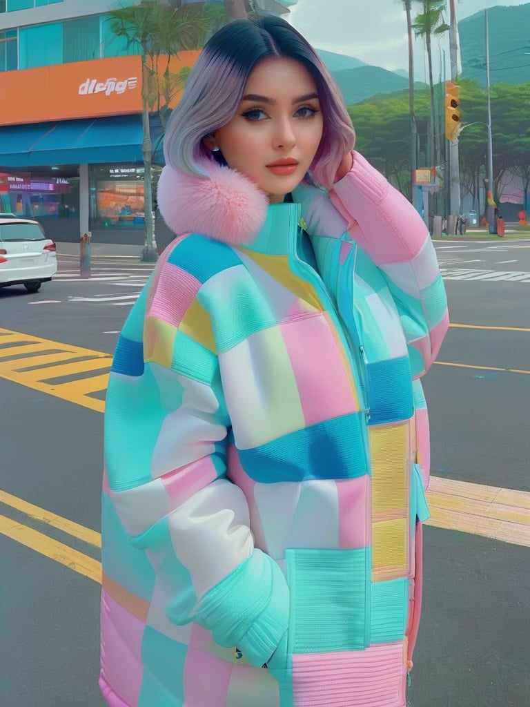 dangerhorse, a 30 years old woman wearing a poncho oversized puffer jacket, inspired by OffWhite, tumblr, inspired by Yanjun Cheng style, digital art, lofi girl internet meme, trending on dezeen, catalog photo, 3 d render beeple, rhads and lois van baarle, cartoon style illustration, bright pastel colors, a beautiful artwork illustration, retro anime girl <lora:h4n3n_SDXL_v1-000007:1>