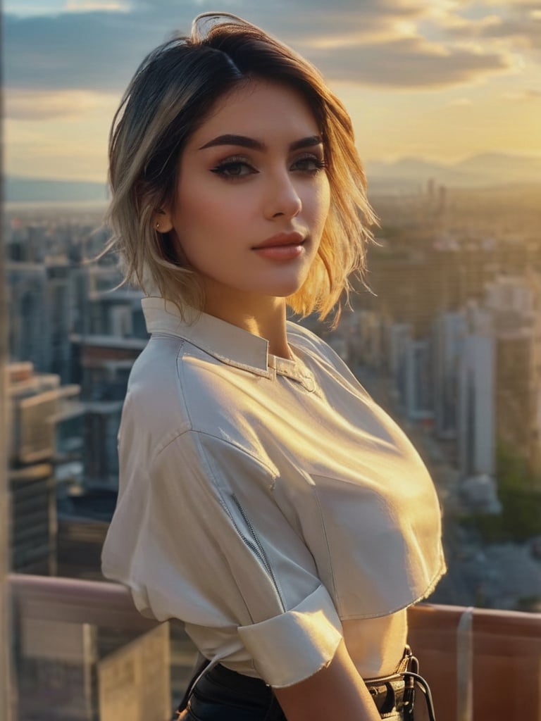 portrait photo of a stylish beautiful girl, asymmetric hair cut, cyberpunk aestethic, heavenly beauty, 8k, 50mm, f/1. 4, high detail, sharp focus, cowboy shot, perfect anatomy, arms behind back, sunshine on her face, sunset, window side,   <lora:h4n3n_SDXL_v1-000007:1>