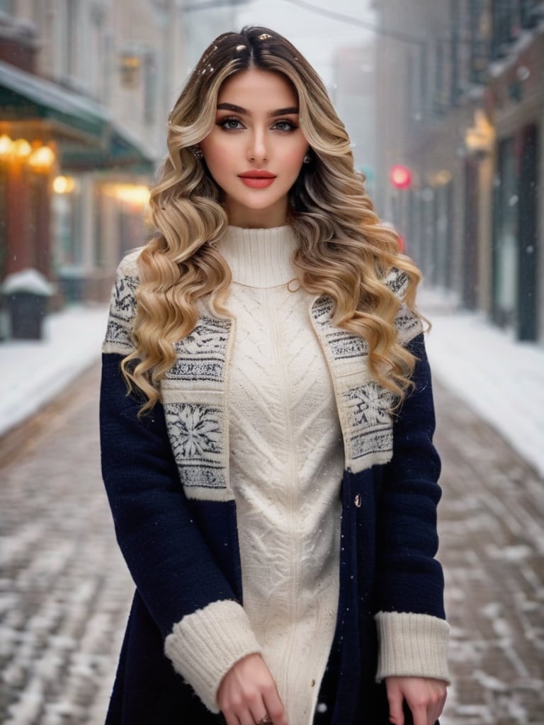 professional portrait photograph of a gorgeous  girl in winter clothing with long wavy blonde hair, ((sultry flirty look)), freckles, beautiful symmetrical face, cute natural makeup, wearing elegant winter fashion clothing, ((standing outside in snowy city street)), stunning modern urban upscale environment, ultra realistic, concept art, elegant, highly detailed, intricate, sharp focus, depth of field, f/1. 8, 85mm, medium shot, mid shot, (centered image composition), (professionally color graded), ((bright soft diffused light)), volumetric fog, trending on instagram, trending on tumblr, hdr 4k, 8k,   <lora:h4n3n_SDXL_v1-000007:1>