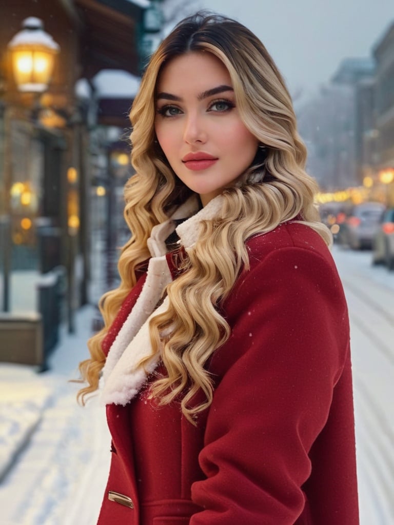 professional portrait photograph of a gorgeous  girl in winter clothing with long wavy blonde hair, ((sultry flirty look)), freckles, beautiful symmetrical face, cute natural makeup, wearing elegant winter fashion clothing, ((standing outside in snowy city street)), stunning modern urban upscale environment, ultra realistic, concept art, elegant, highly detailed, intricate, sharp focus, depth of field, f/1. 8, 85mm, medium shot, mid shot, (centered image composition), (professionally color graded), ((bright soft diffused light)), volumetric fog, trending on instagram, trending on tumblr, hdr 4k, 8k,   <lora:h4n3n_SDXL_v1-000007:1>