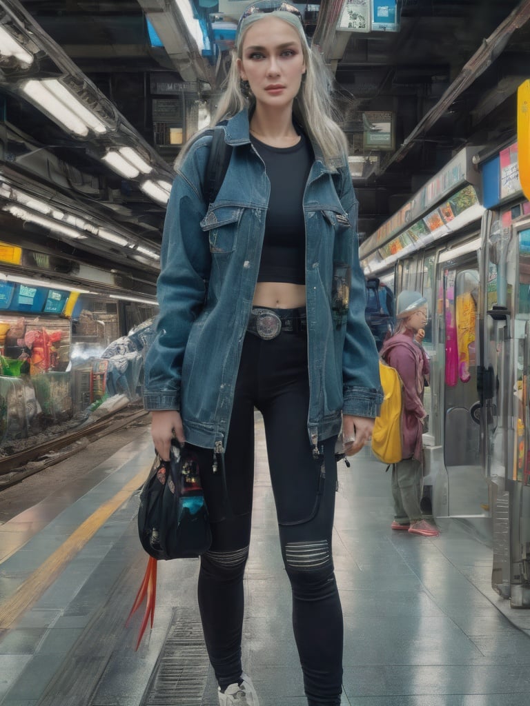 A  lady with white ponytailed hair, horn headband, wearing a dark denim jacket, a backpack with a katana, blue eyes, cyberpunk, subway, hyperrealism, photorealistic, 8k, unreal engine, 3d render, <lora:lun4_v1-000003:1>